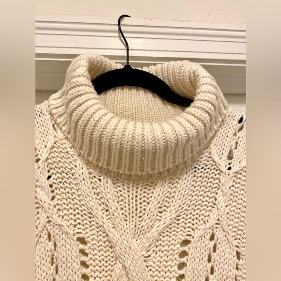 Vintage Oversized Cable Knit Turtleneck Sweater Cream 100% Cotton Oversized Cozy - Picture 2 of 5